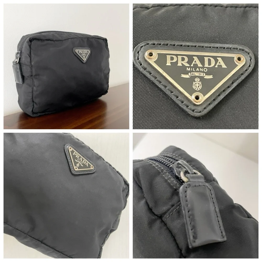 Prada black nylon and leather triangle logo vintage cosmetic zip pouch